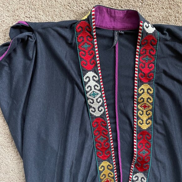 One September Open Embroidered Ribbon Kimono Cardigan Navy Blue Sz L Bohemian - Picture 1 of 8